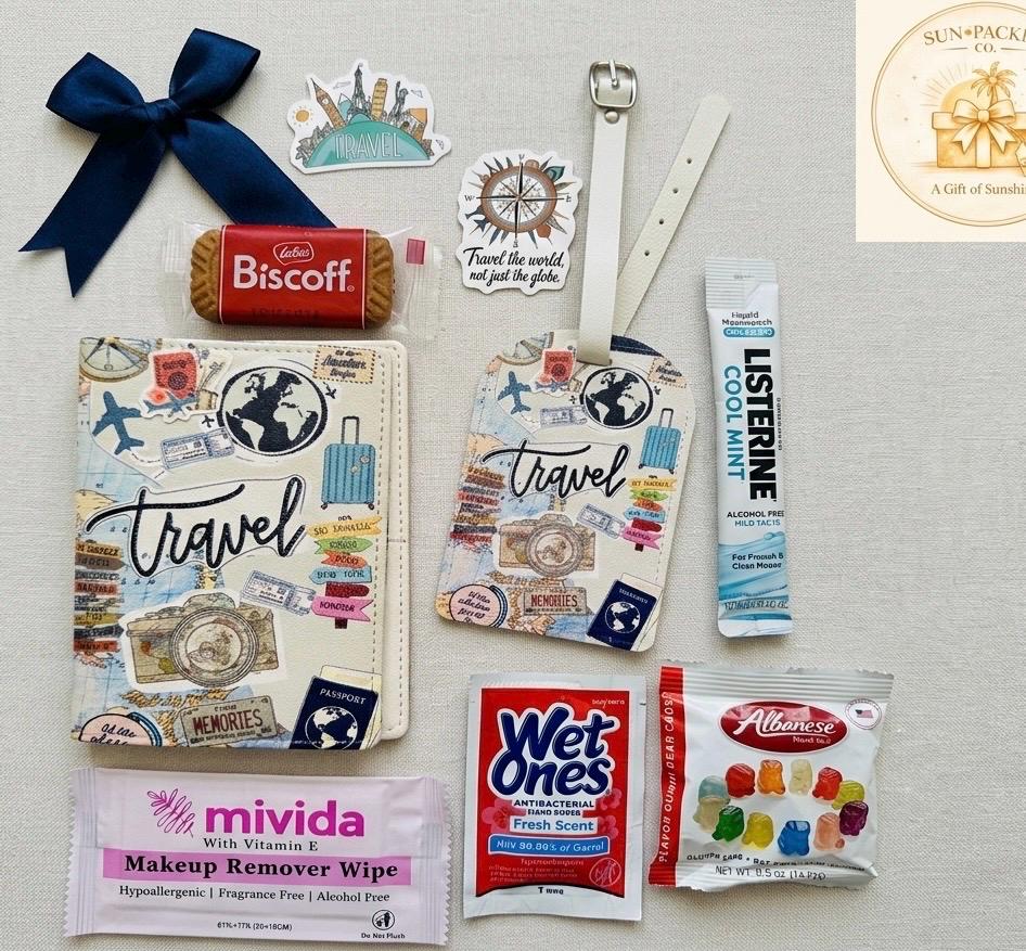 Travel Gift Set: Passport Cover, Luggage Tag, Snacks, Essentials (Girls Trip, Vacation)