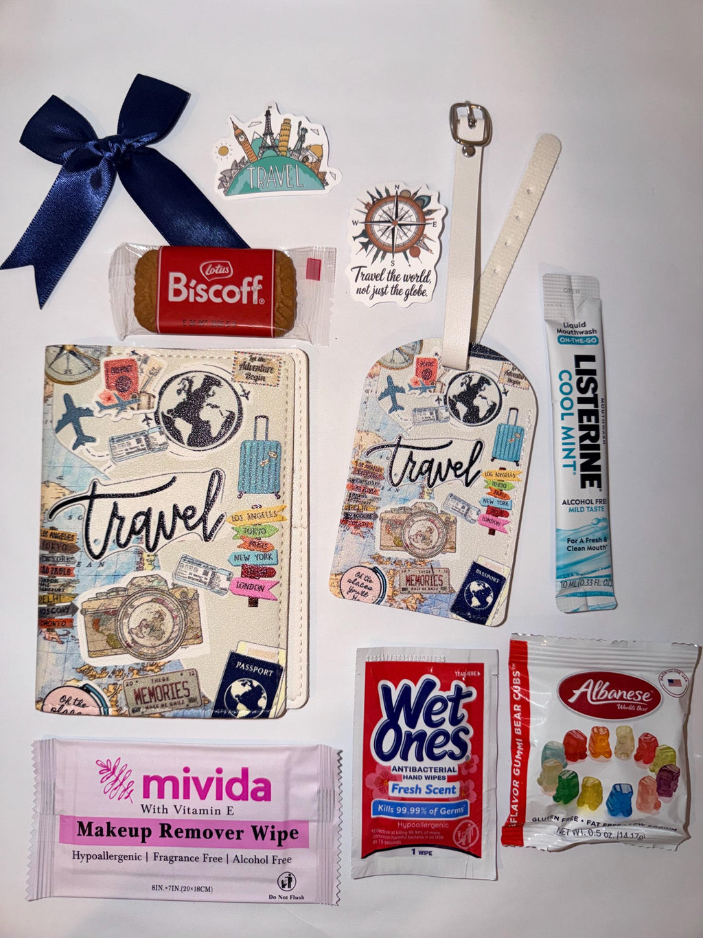 Travel Gift Set: Passport Cover, Luggage Tag, Snacks, Essentials (Girls Trip, Vacation)