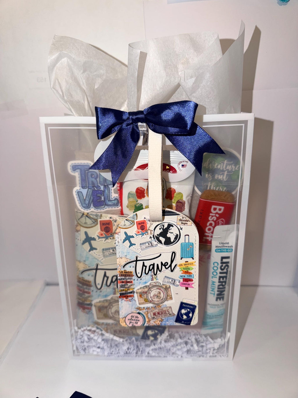 Travel Gift Set: Passport Cover, Luggage Tag, Snacks, Essentials (Girls Trip, Vacation)