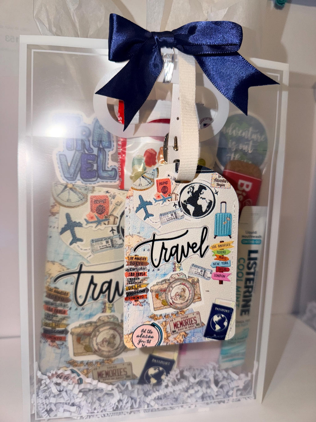 Travel Gift Set: Passport Cover, Luggage Tag, Snacks, Essentials (Girls Trip, Vacation)