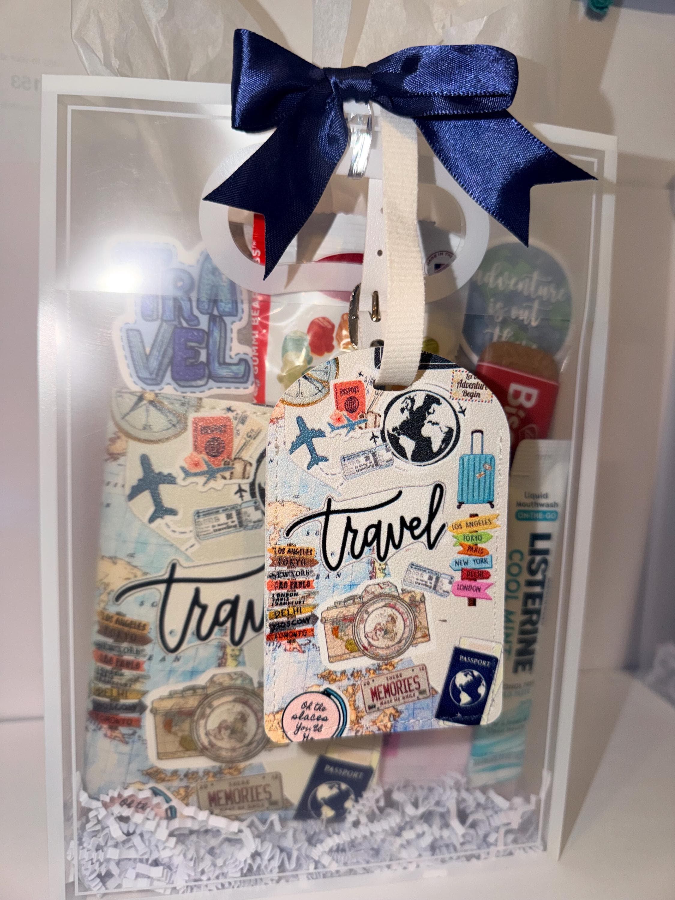 Travel Gift Set: Passport Cover, Luggage Tag, Snacks, Essentials (Girls Trip, Vacation)