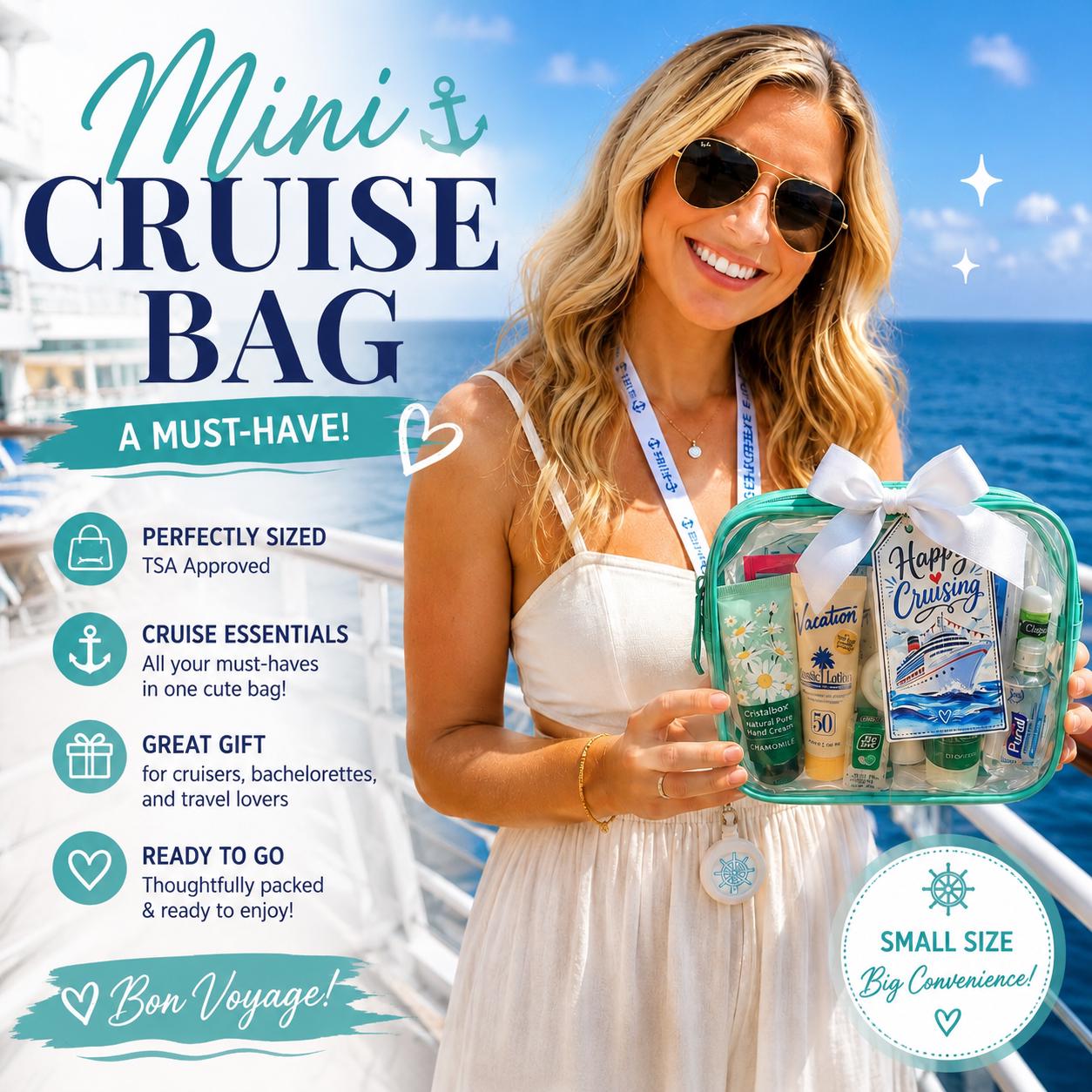 Deluxe Mini Cruise Gift Bag, Premium Cruise Survival Kit, Bon Voyage Gift, Travel Essentials, Girls Trip Favor, Bulk Cruise Gifts, TSA Pouch