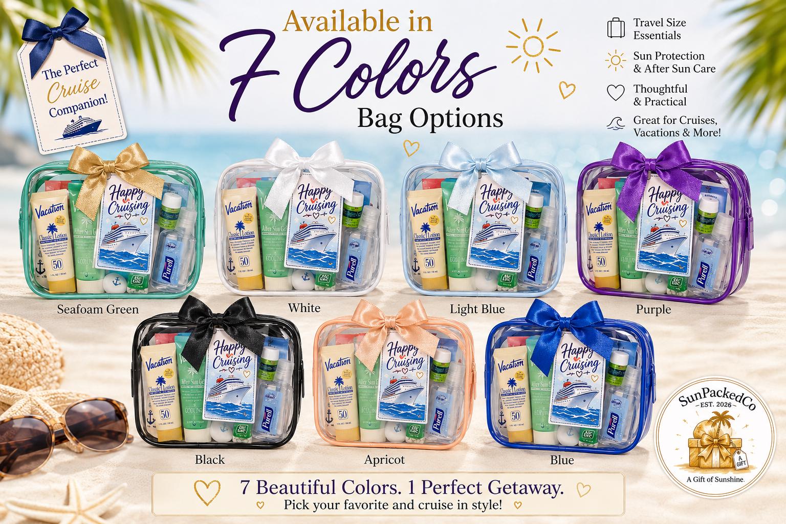 Deluxe Mini Cruise Gift Bag, Premium Cruise Survival Kit, Bon Voyage Gift, Travel Essentials, Girls Trip Favor, Bulk Cruise Gifts, TSA Pouch
