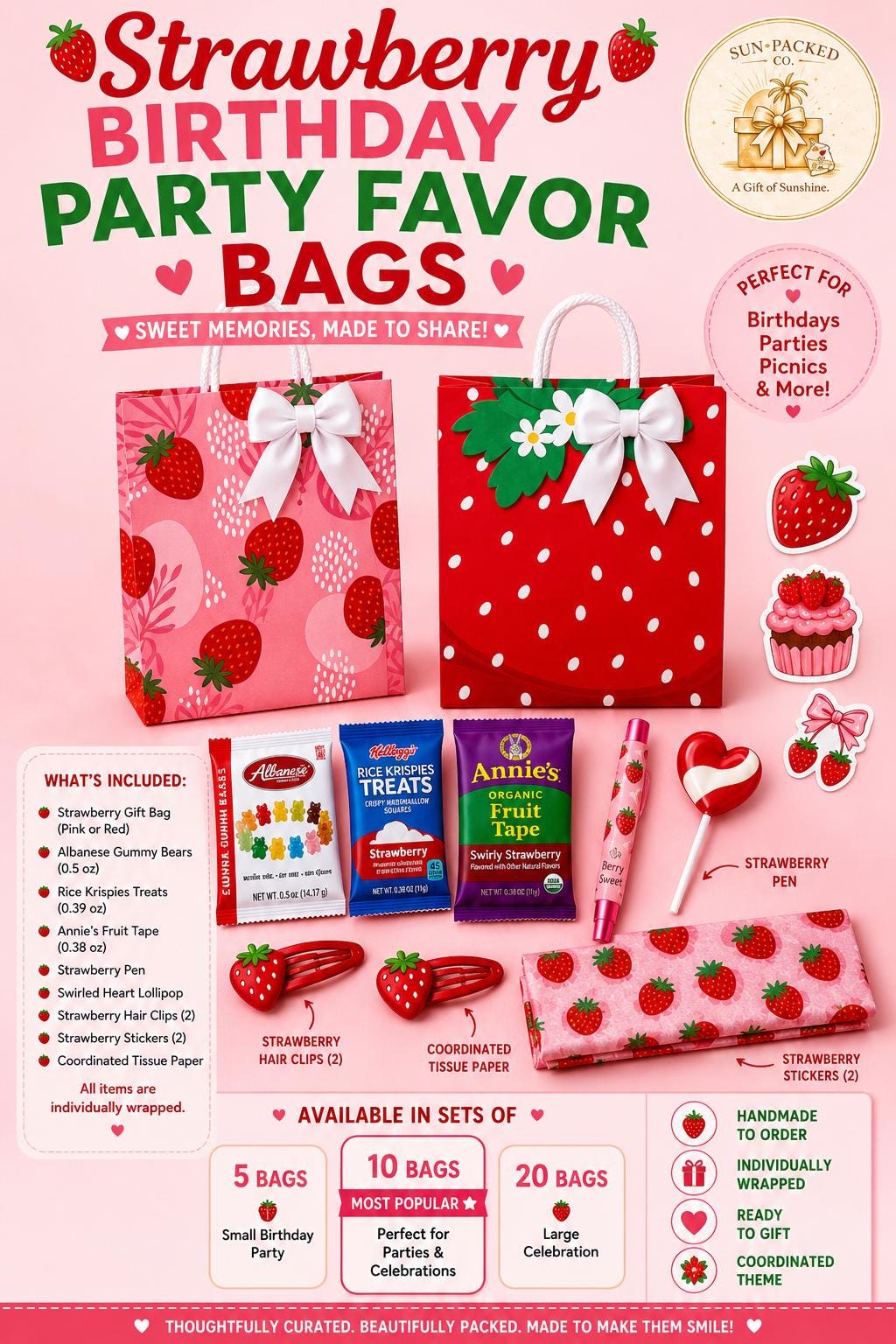 Strawberry Birthday Party Favor Bags | Berry Sweet Girls Goody Bags