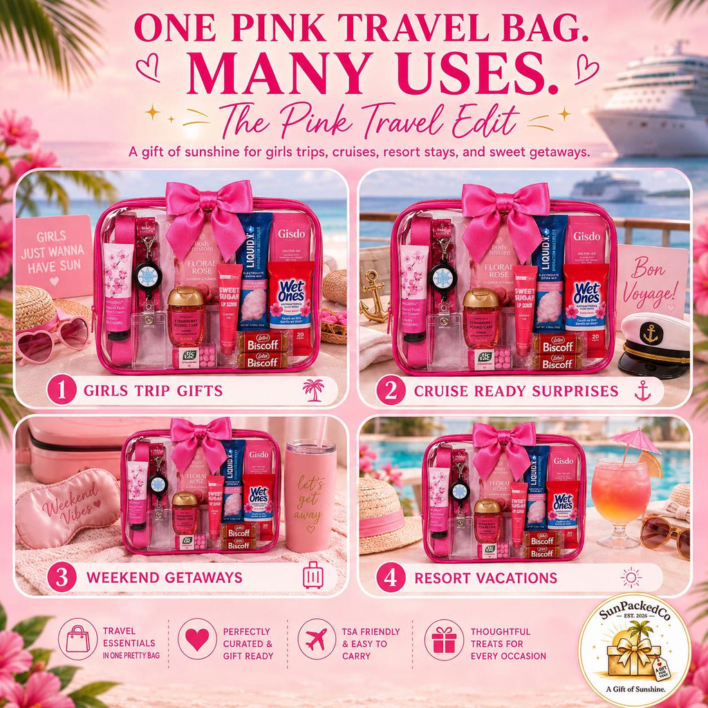 Pink Travel Gift for Women | Girls Trip Gift | Cruise Essentials and Vacation Travel Kit