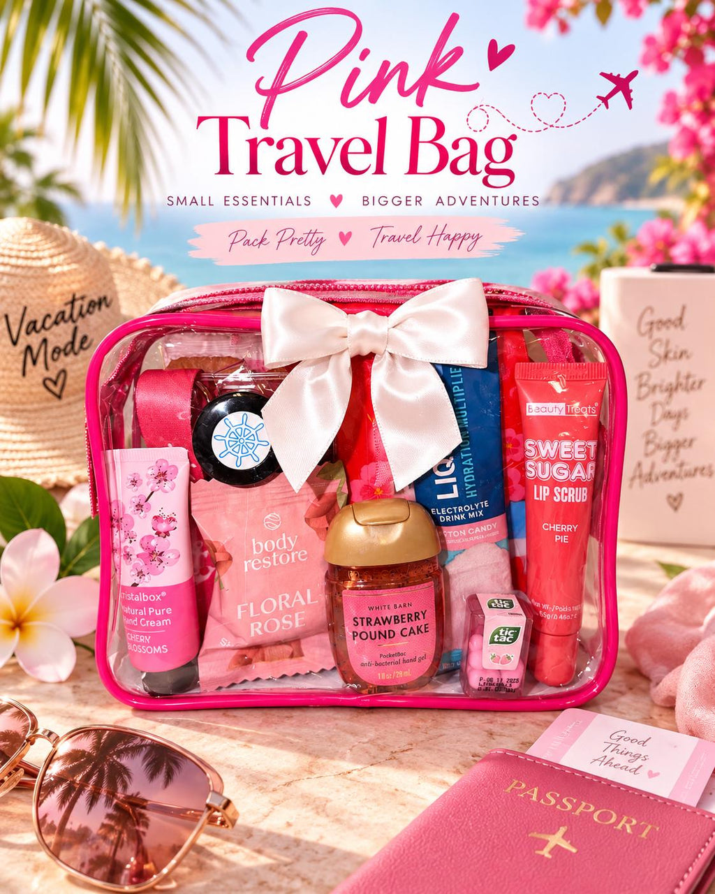 Pink Travel Gift for Women | Girls Trip Gift | Cruise Essentials and Vacation Travel Kit