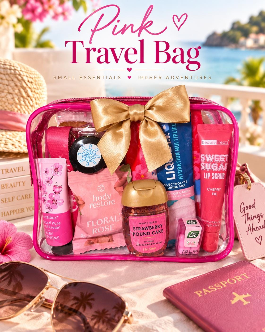 Pink Travel Gift for Women | Girls Trip Gift | Cruise Essentials and Vacation Travel Kit