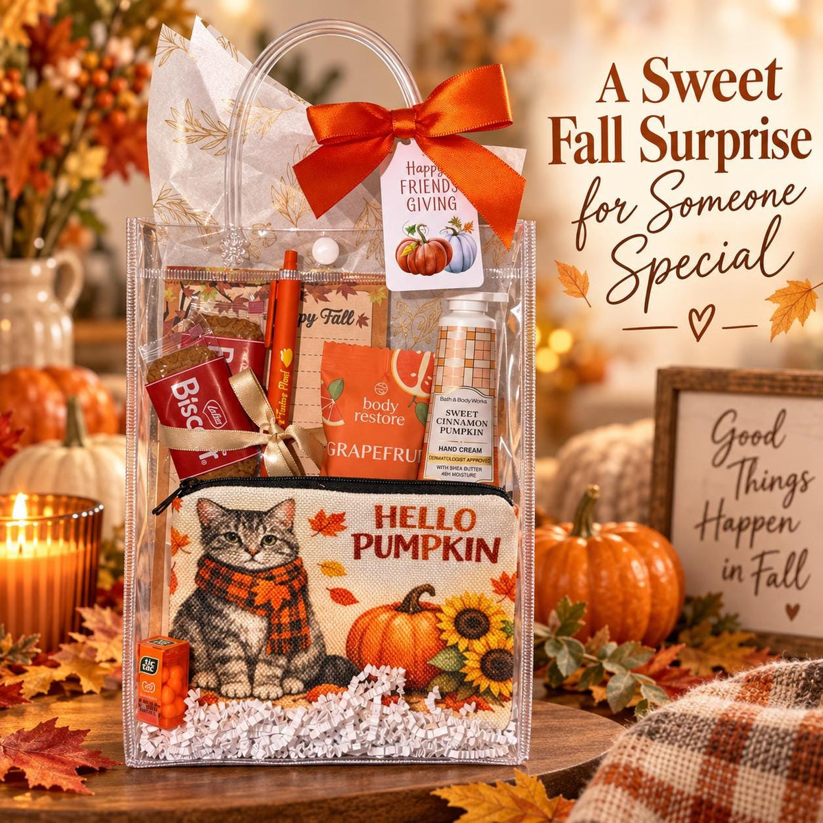 Fall Cat Lover Gift Bag | Hello Pumpkin Gift for Her | Thanksgiving Hostess Gift | Coworker Birthday Fall Gift