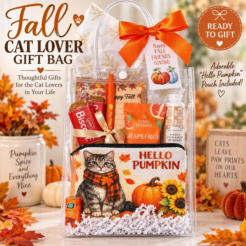 Fall Cat Lover Gift Bag | Hello Pumpkin Gift for Her | Thanksgiving Hostess Gift | Coworker Birthday Fall Gift