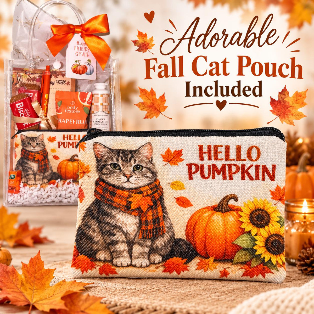 Fall Cat Lover Gift Bag | Hello Pumpkin Gift for Her | Thanksgiving Hostess Gift | Coworker Birthday Fall Gift