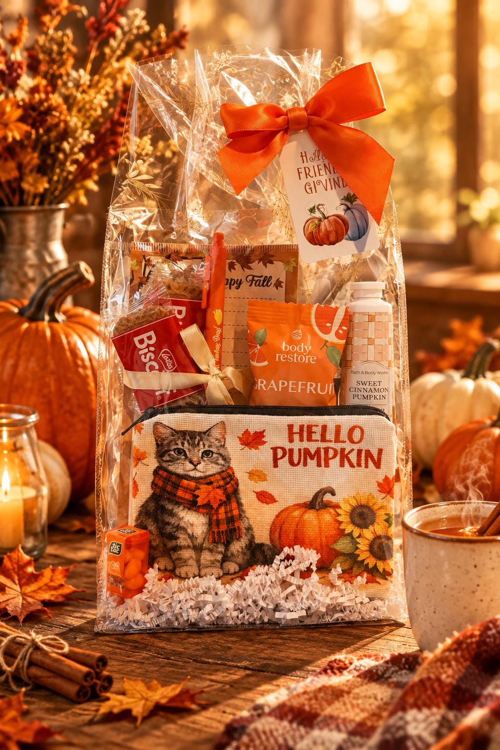 Fall Cat Lover Gift Bag | Hello Pumpkin Gift for Her | Thanksgiving Hostess Gift | Coworker Birthday Fall Gift