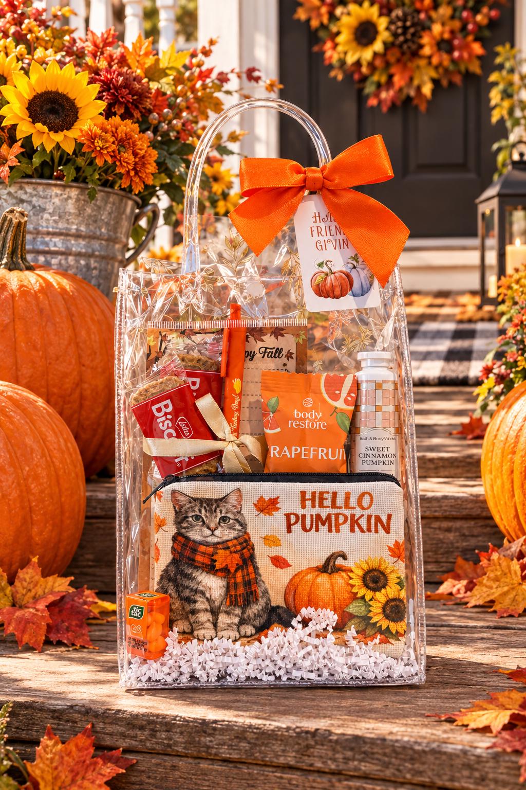 Fall Cat Lover Gift Bag | Hello Pumpkin Gift for Her | Thanksgiving Hostess Gift | Coworker Birthday Fall Gift