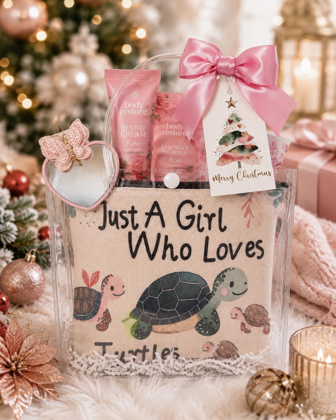 Sea Turtle Christmas Gift Bag | Just a Girl Who Loves Turtles Gift | Holiday Spa Self-Care Gift for Her, Ready to Gift