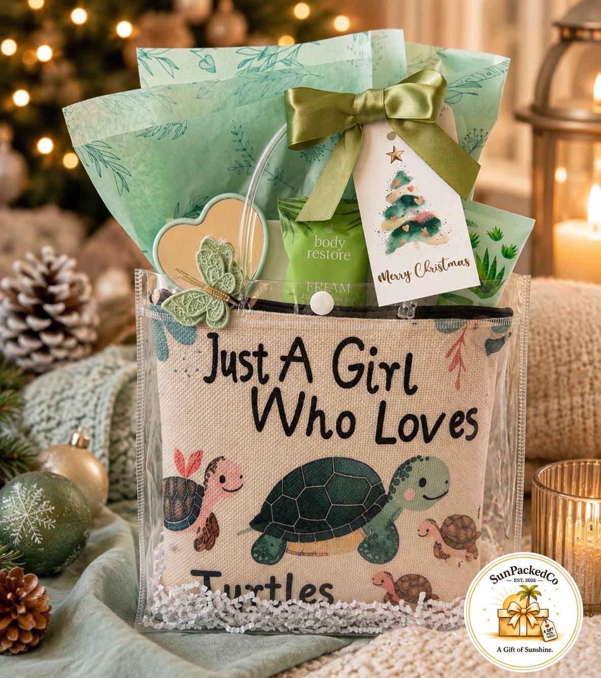 Sea Turtle Christmas Gift Bag | Just a Girl Who Loves Turtles Gift | Holiday Spa Self-Care Gift for Her, Ready to Gift