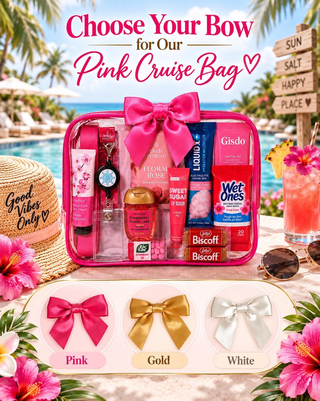 Pink Travel Gift for Women | Girls Trip Gift | Cruise Essentials and Vacation Travel Kit