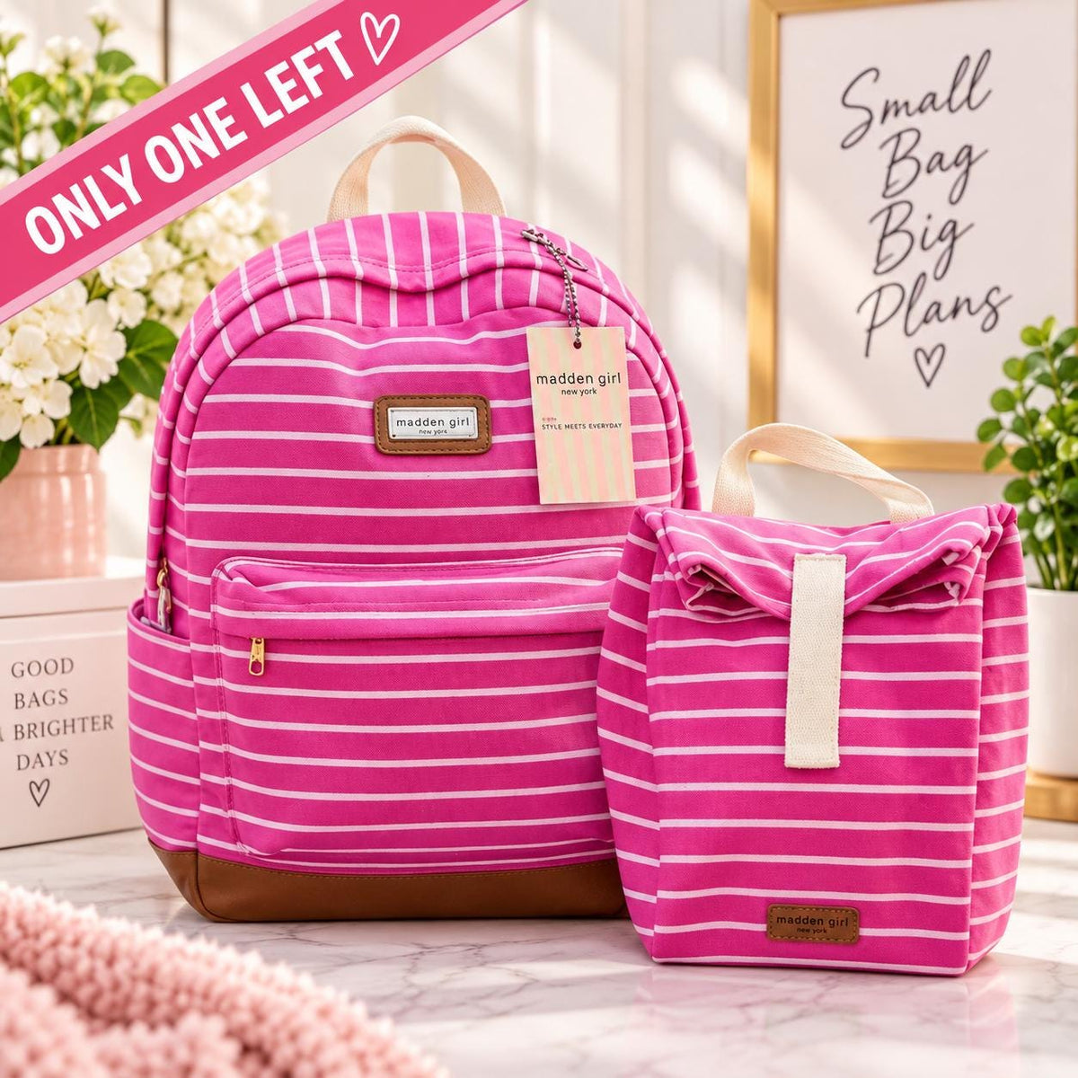 Madden Girl Pink Striped Backpack and Lunch Bag Set | Back to School Ready