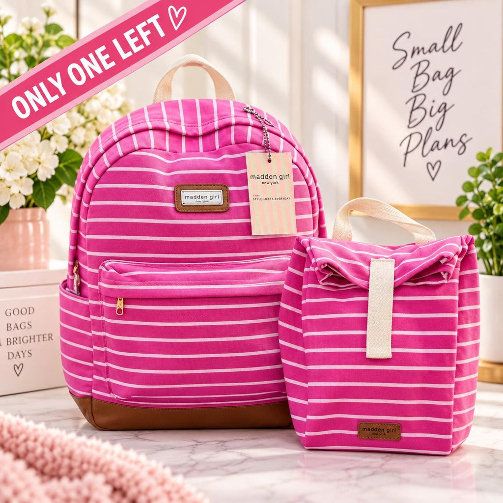 Madden Girl Pink Striped Backpack and Lunch Bag Set | Back to School Ready