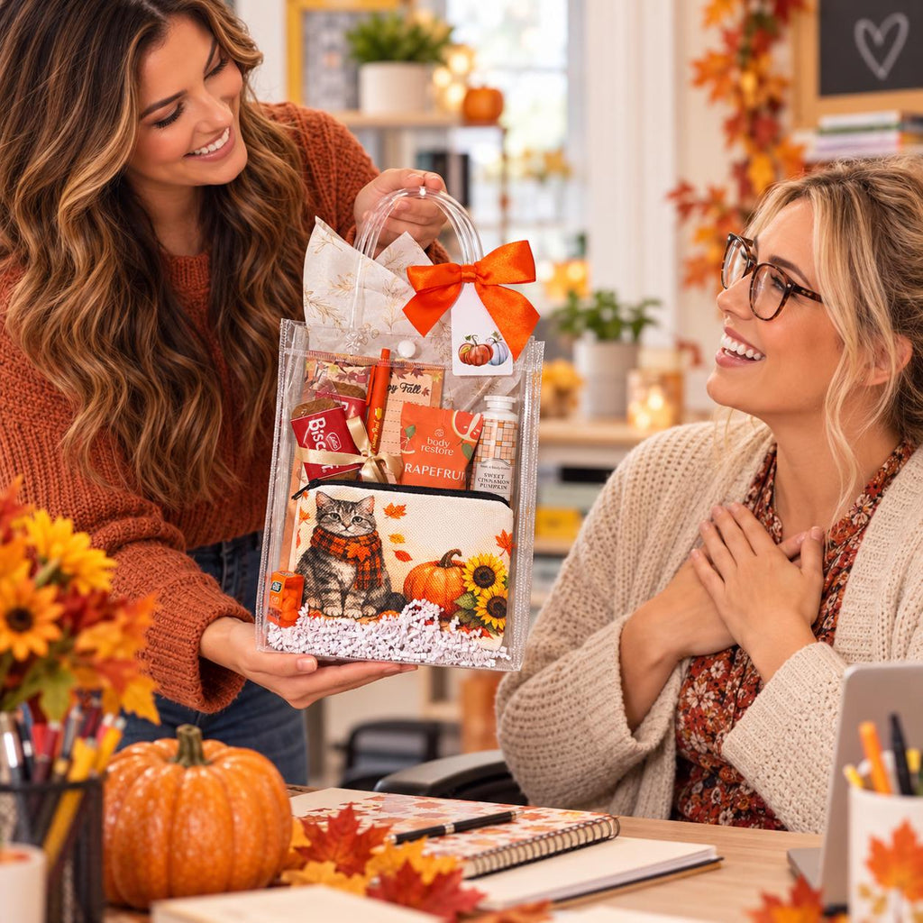 Fall Cat Lover Gift Bag | Hello Pumpkin Gift for Her | Thanksgiving Hostess Gift | Coworker Birthday Fall Gift