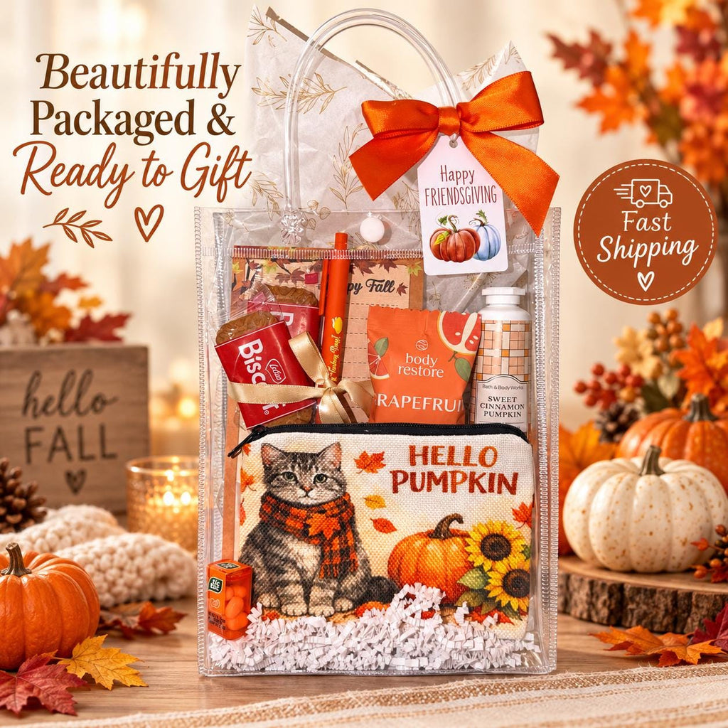 Fall Cat Lover Gift Bag | Hello Pumpkin Gift for Her | Thanksgiving Hostess Gift | Coworker Birthday Fall Gift