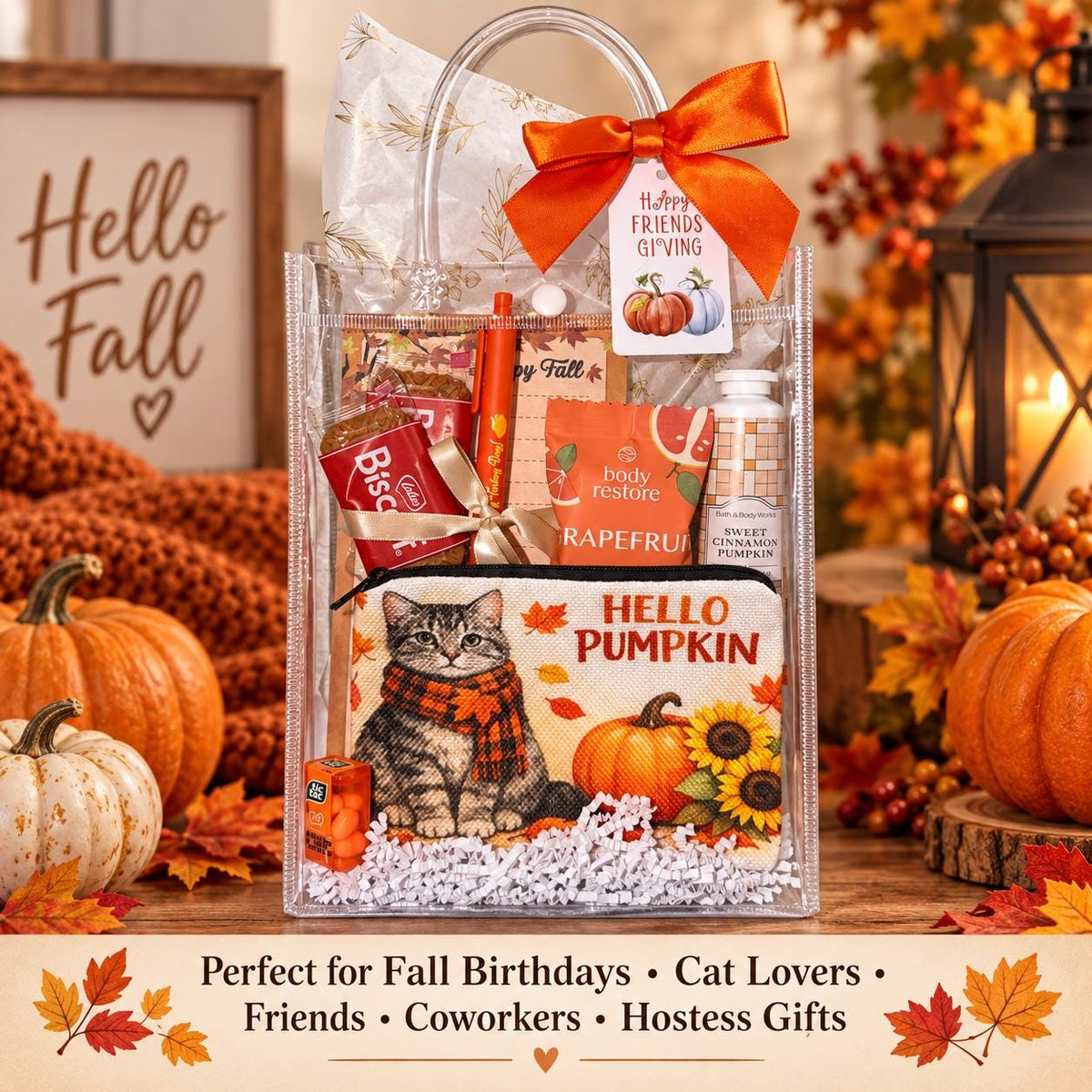 Fall Cat Lover Gift Bag | Hello Pumpkin Gift for Her | Thanksgiving Hostess Gift | Coworker Birthday Fall Gift