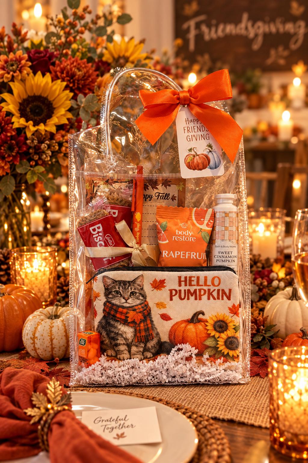 Fall Cat Lover Gift Bag | Hello Pumpkin Gift for Her | Thanksgiving Hostess Gift | Coworker Birthday Fall Gift