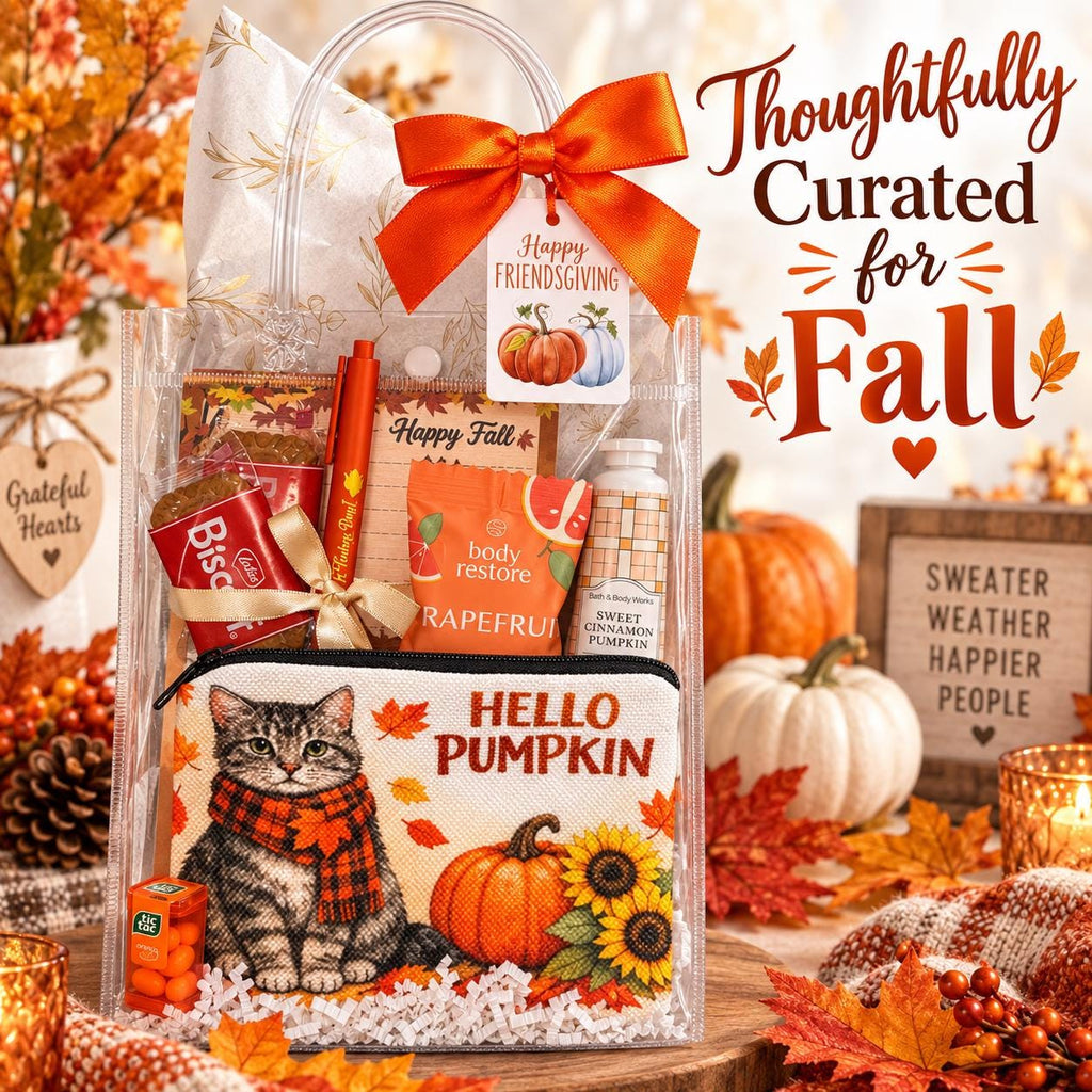 Fall Cat Lover Gift Bag | Hello Pumpkin Gift for Her | Thanksgiving Hostess Gift | Coworker Birthday Fall Gift