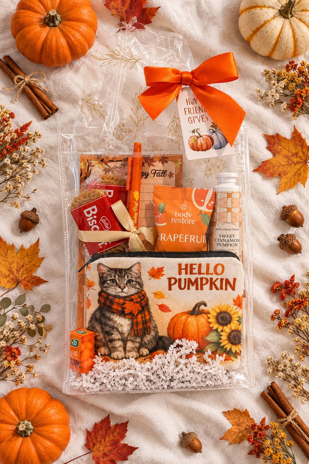 Fall Cat Lover Gift Bag | Hello Pumpkin Gift for Her | Thanksgiving Hostess Gift | Coworker Birthday Fall Gift
