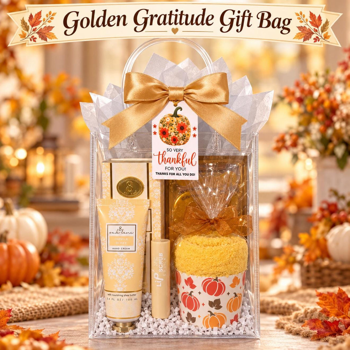 Golden Gratitude Gift Bag for Her | Fall Thank You Gift with Hand Cream, Cozy Socks & Eye Masks | Friendsgiving, Hostess, Teacher Gift