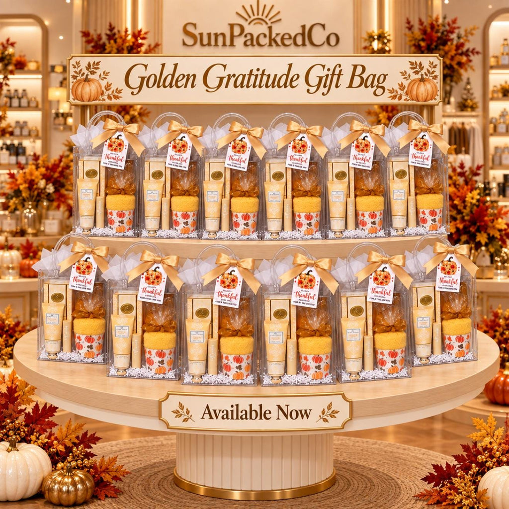 Golden Gratitude Gift Bag for Her | Fall Thank You Gift with Hand Cream, Cozy Socks & Eye Masks | Friendsgiving, Hostess, Teacher Gift