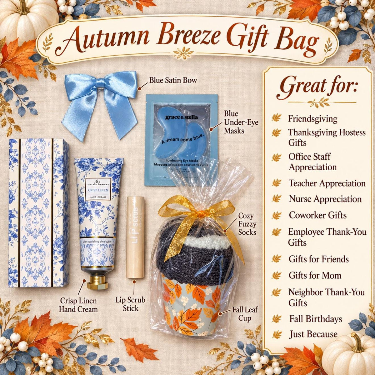 Autumn Breeze Gift Bag for Her | Teacher and Nurse Appreciation Gift with Hand Cream and Cozy Socks | Friendsgiving, Hostess, Staff Gift
