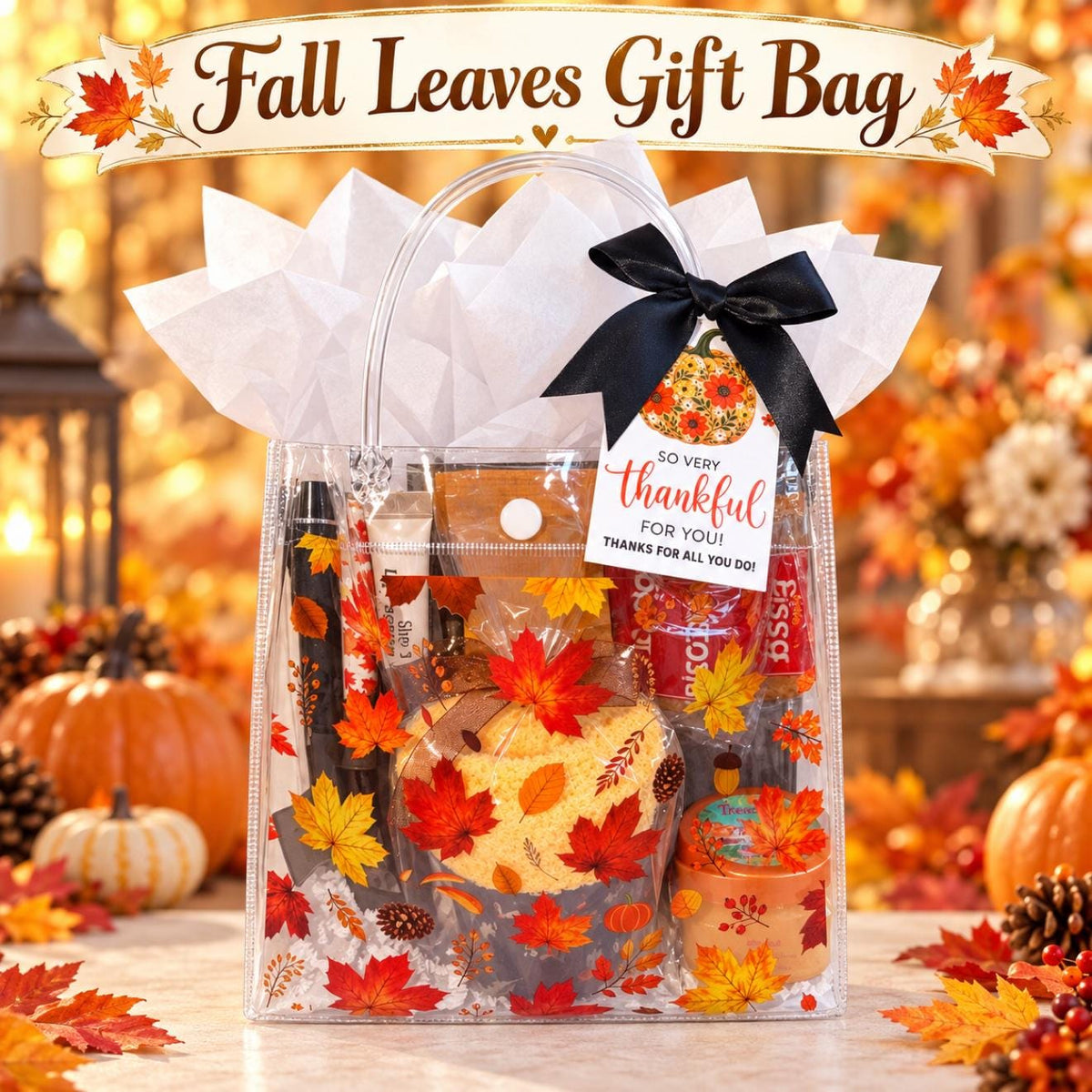 Fall Leaves Gift Bag for Her | Teacher and Nurse Appreciation Gift with Mini Scrub and Cozy Socks | Friendsgiving, Hostess, Staff Gift