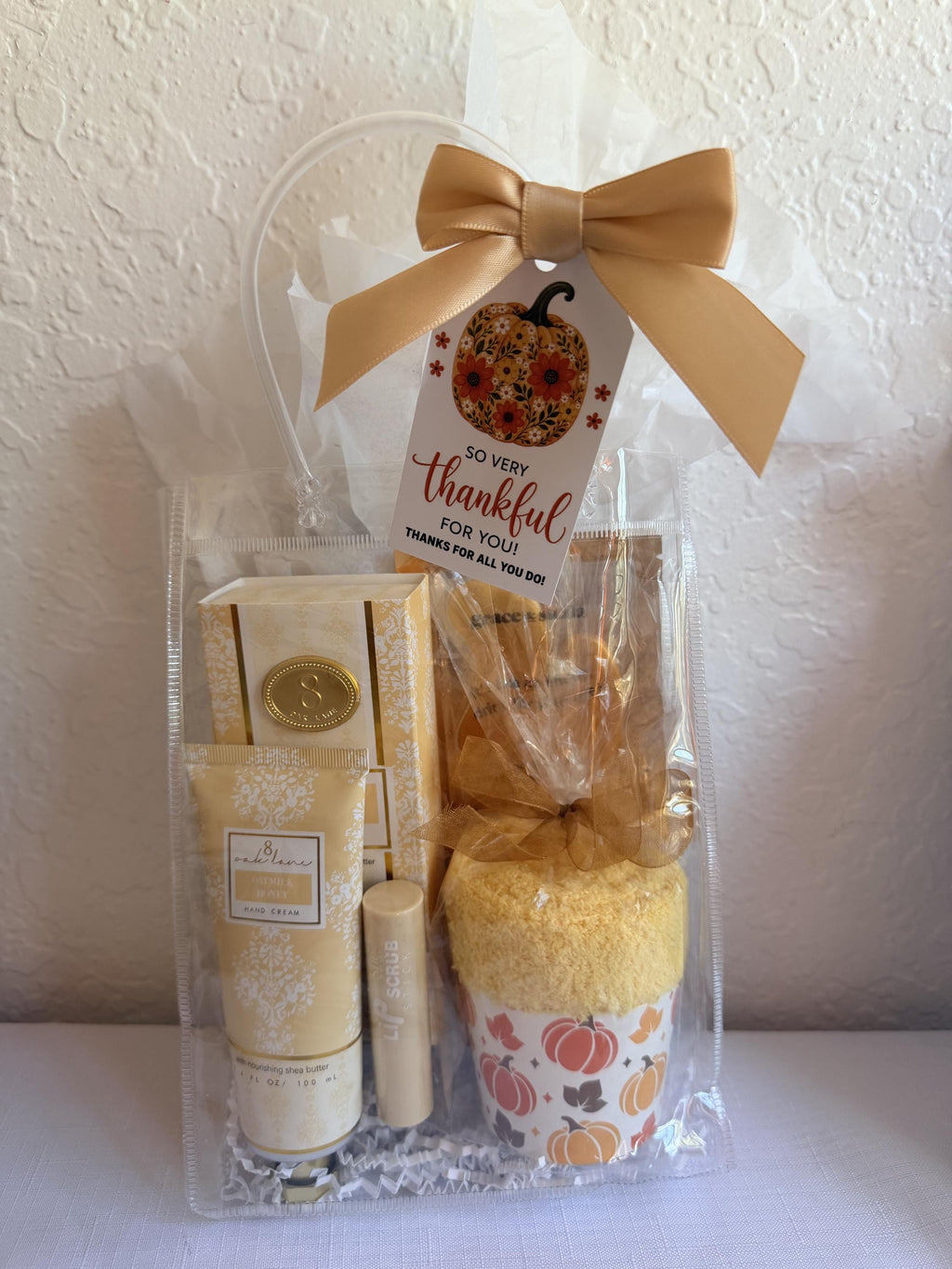 Golden Gratitude Gift Bag for Her | Fall Thank You Gift with Hand Cream, Cozy Socks & Eye Masks | Friendsgiving, Hostess, Teacher Gift
