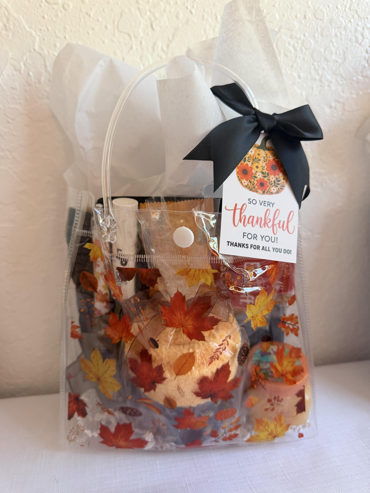 Fall Leaves Gift Bag for Her | Teacher and Nurse Appreciation Gift with Mini Scrub and Cozy Socks | Friendsgiving, Hostess, Staff Gift