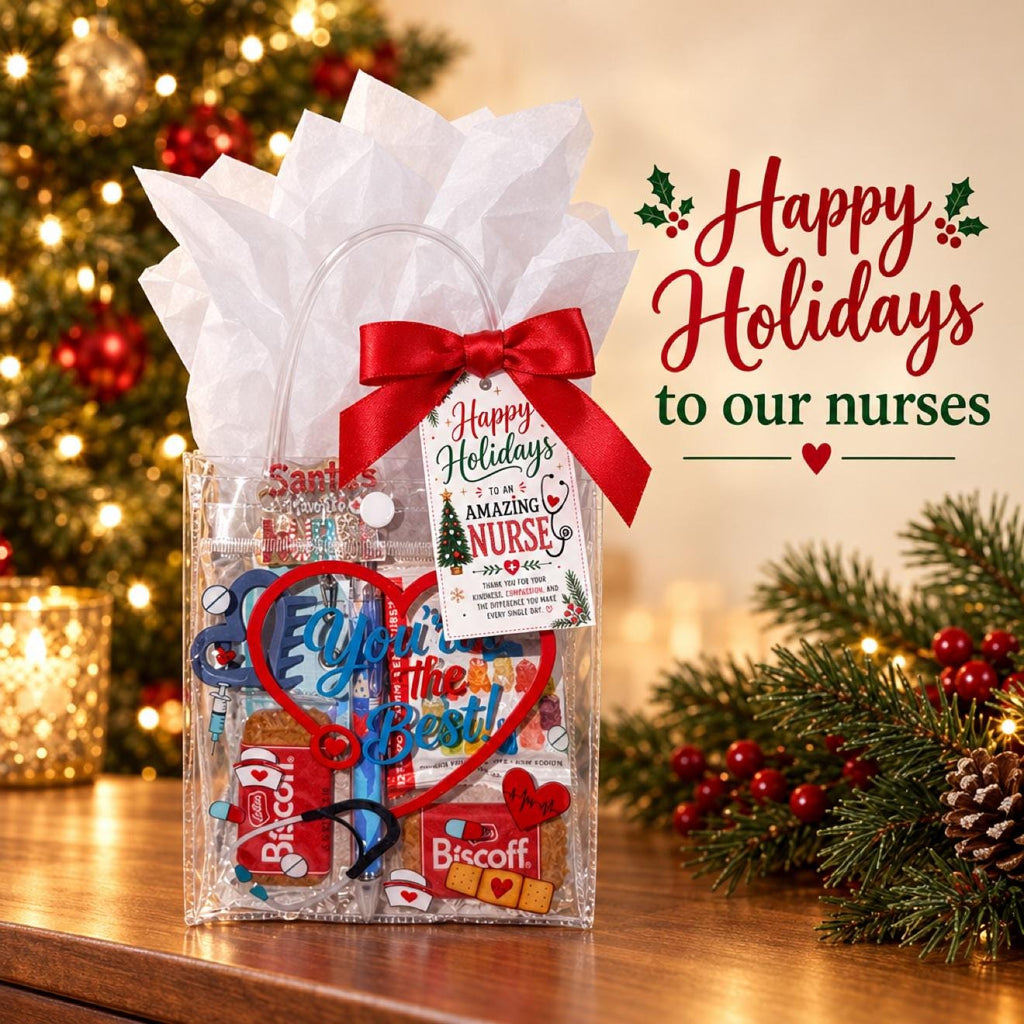 Mini Christmas Nurse Gift Bag | Nurse Appreciation Holiday Gift with Biscoff, Pen and Sticky Notes | Stocking Stuffer for Nurses