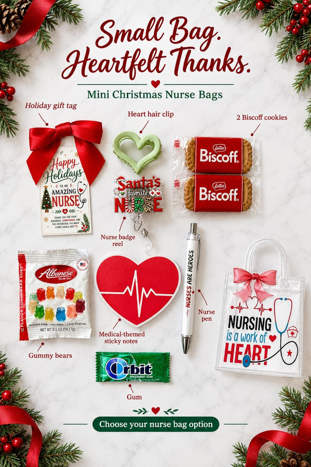 Mini Christmas Nurse Gift Bag | Nurse Appreciation Holiday Gift with Biscoff, Pen and Sticky Notes | Stocking Stuffer for Nurses