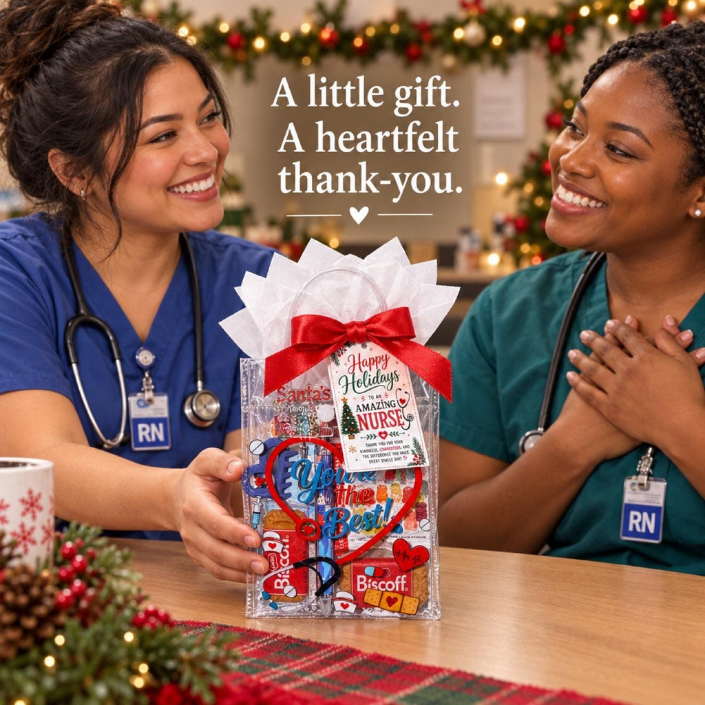 Mini Christmas Nurse Gift Bag | Nurse Appreciation Holiday Gift with Biscoff, Pen and Sticky Notes | Stocking Stuffer for Nurses