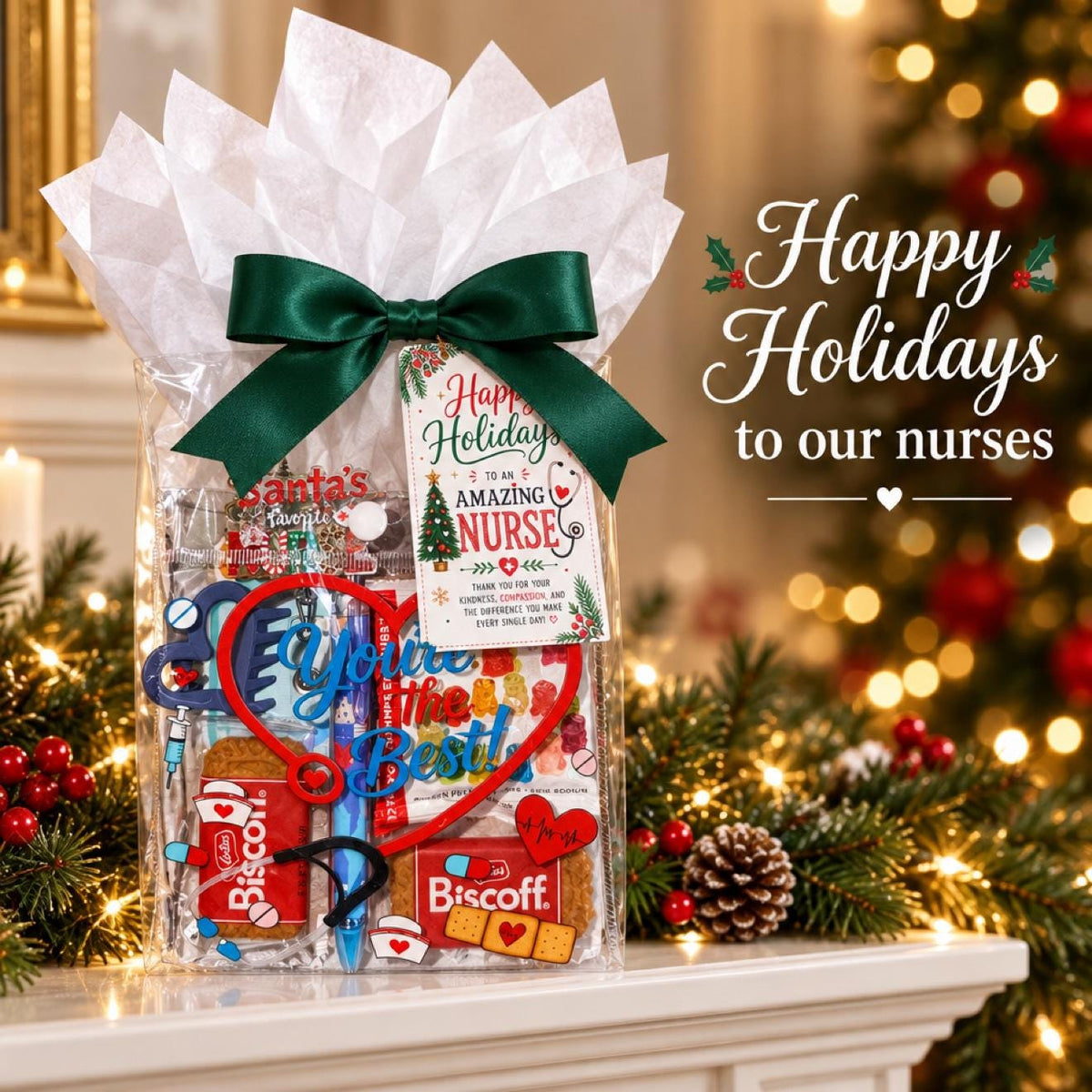 Mini Christmas Nurse Gift Bag | Nurse Appreciation Holiday Gift with Biscoff, Pen and Sticky Notes | Stocking Stuffer for Nurses