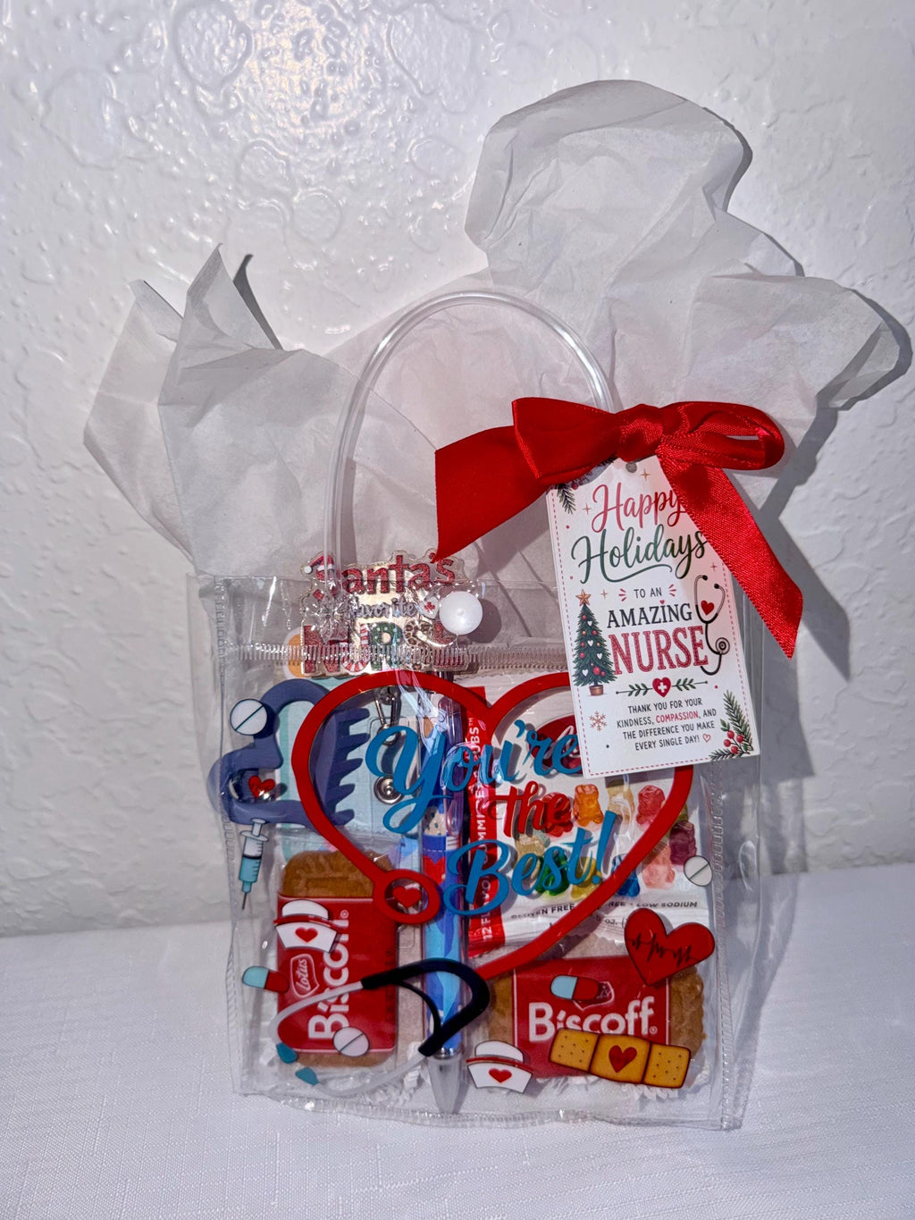 Mini Christmas Nurse Gift Bag | Nurse Appreciation Holiday Gift with Biscoff, Pen and Sticky Notes | Stocking Stuffer for Nurses