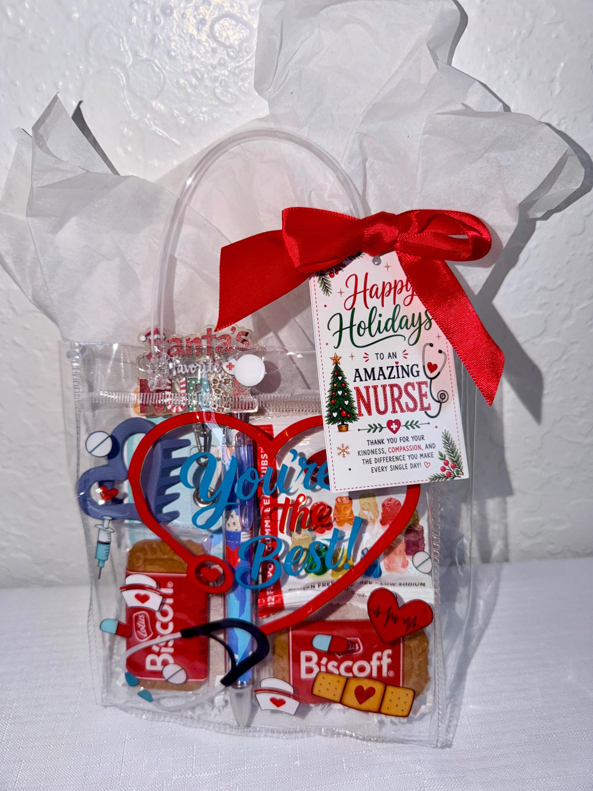 Mini Christmas Nurse Gift Bag | Nurse Appreciation Holiday Gift with Biscoff, Pen and Sticky Notes | Stocking Stuffer for Nurses