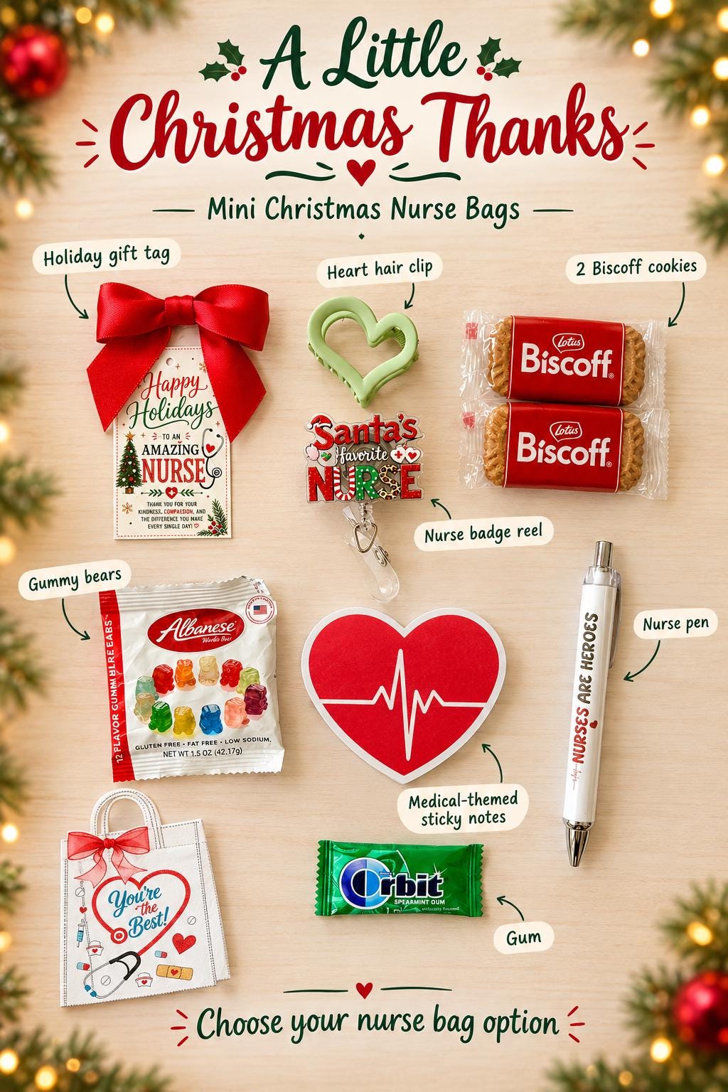 Mini Christmas Nurse Gift Bag | Nurse Appreciation Holiday Gift with Biscoff, Pen and Sticky Notes | Stocking Stuffer for Nurses