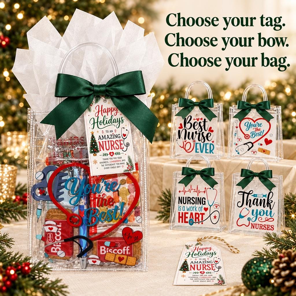 Mini Christmas Nurse Gift Bag | Nurse Appreciation Holiday Gift with Biscoff, Pen and Sticky Notes | Stocking Stuffer for Nurses