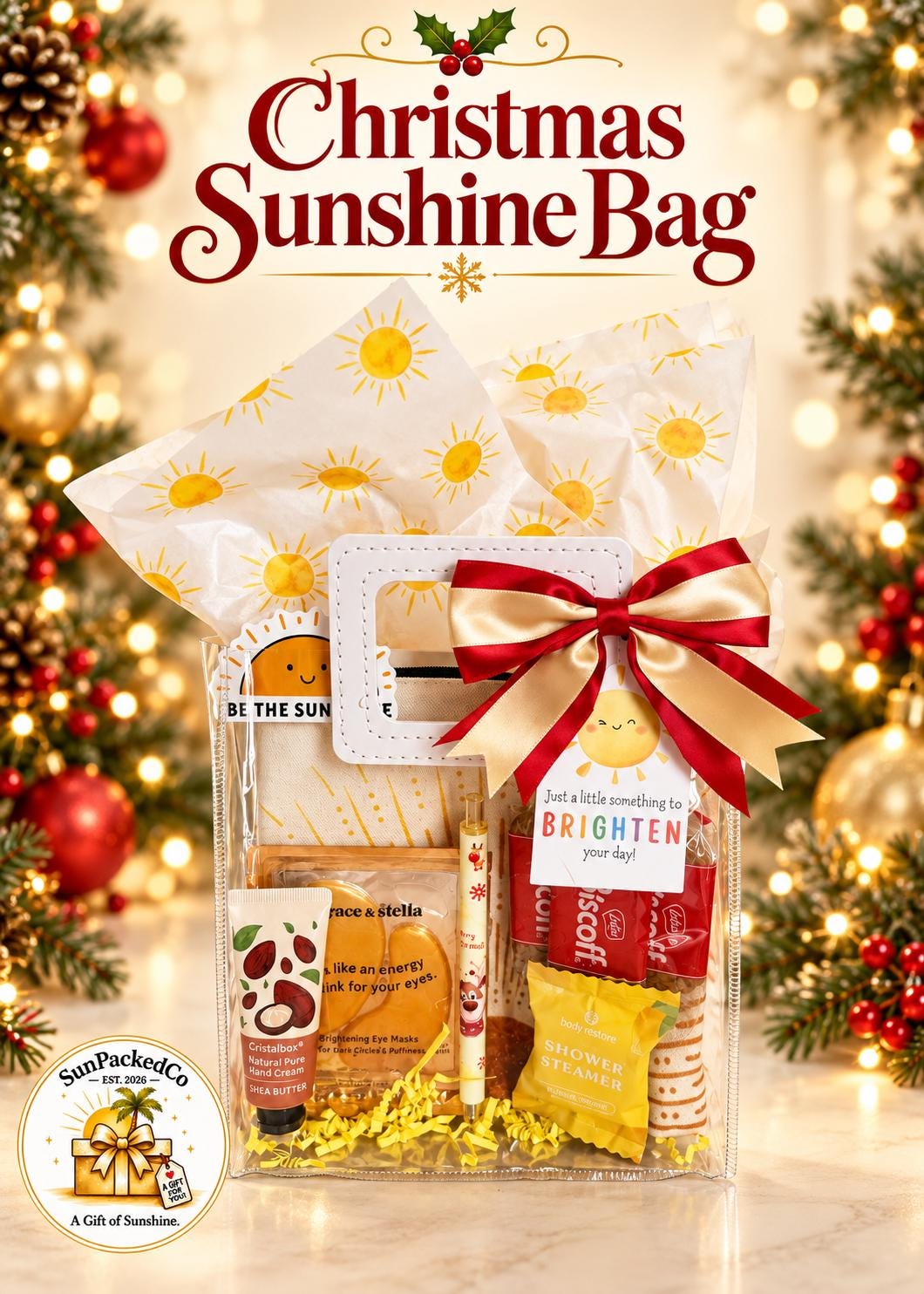 Christmas Sunshine Gift Bag | Holiday Self Care Gift Set for Her, Cozy Socks Spa Gift, Ready to Gift