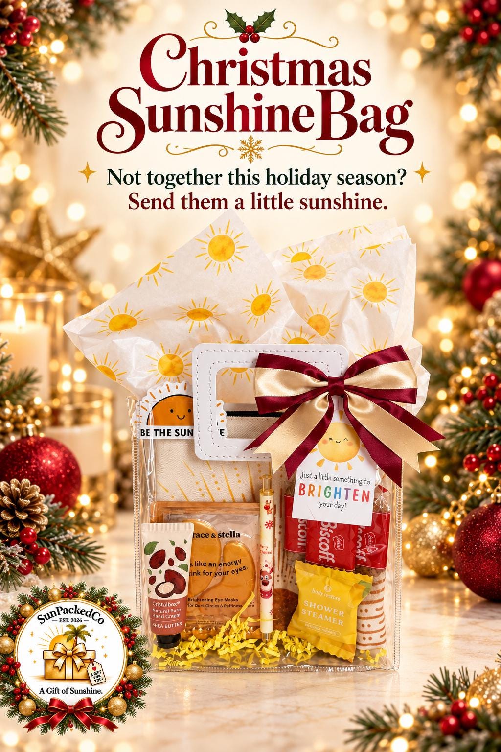 Christmas Sunshine Gift Bag | Holiday Self Care Gift Set for Her, Cozy Socks Spa Gift, Ready to Gift