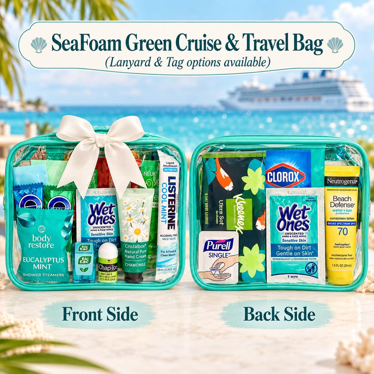 Seafoam Green Cruise Gift Bag | Cruise Essentials Travel Kit for Women | Cruise Crew Gift, Bachelorette Girls Trip Bag, Ready to Gift