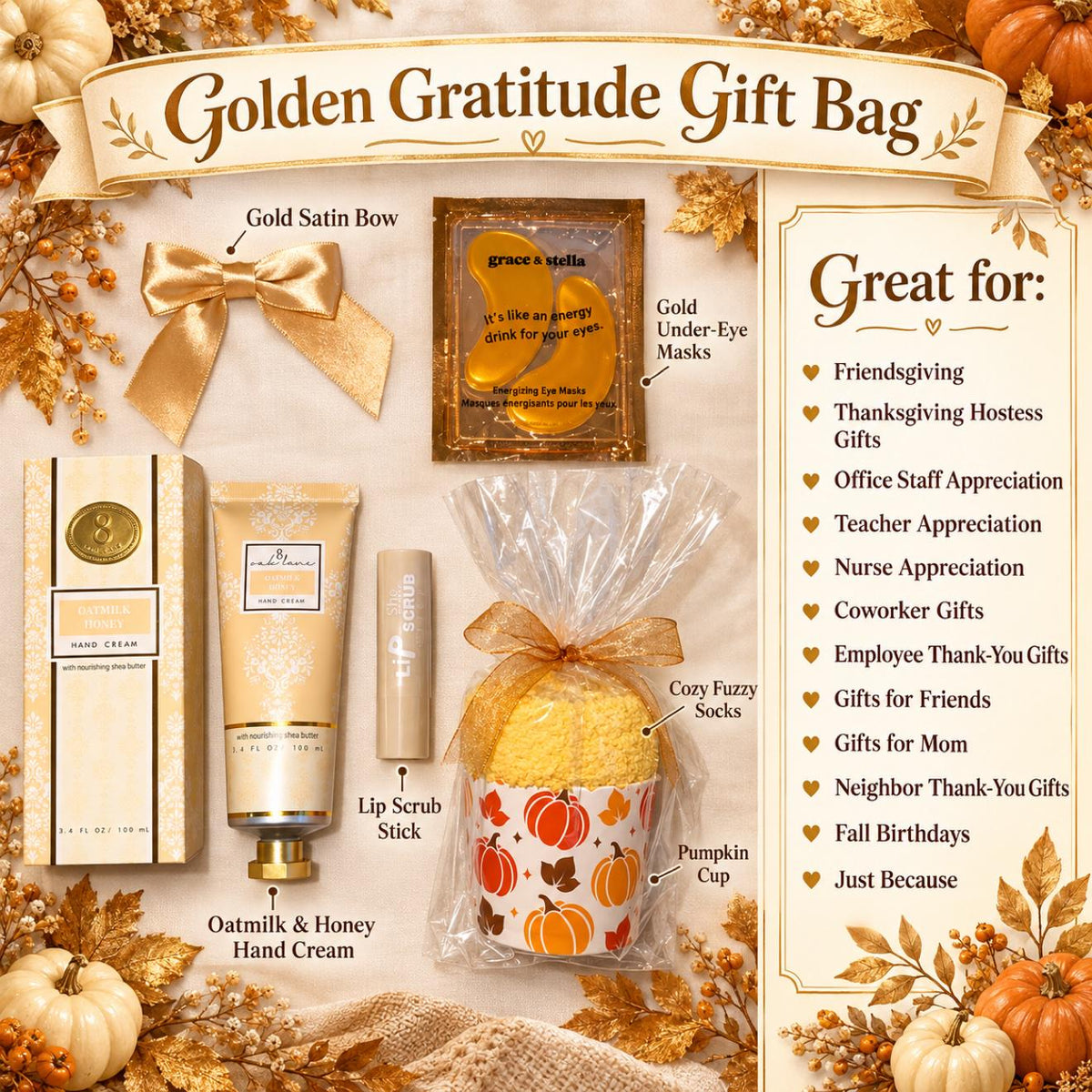 Golden Gratitude Gift Bag for Her | Fall Thank You Gift with Hand Cream, Cozy Socks & Eye Masks | Friendsgiving, Hostess, Teacher Gift