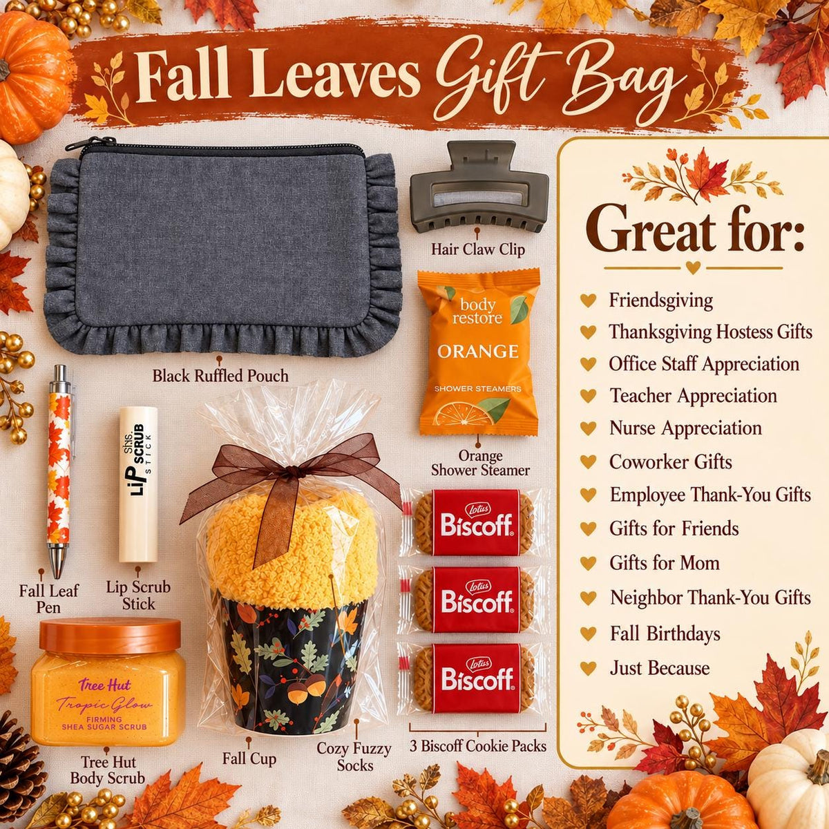 Fall Leaves Gift Bag for Her | Teacher and Nurse Appreciation Gift with Mini Scrub and Cozy Socks | Friendsgiving, Hostess, Staff Gift