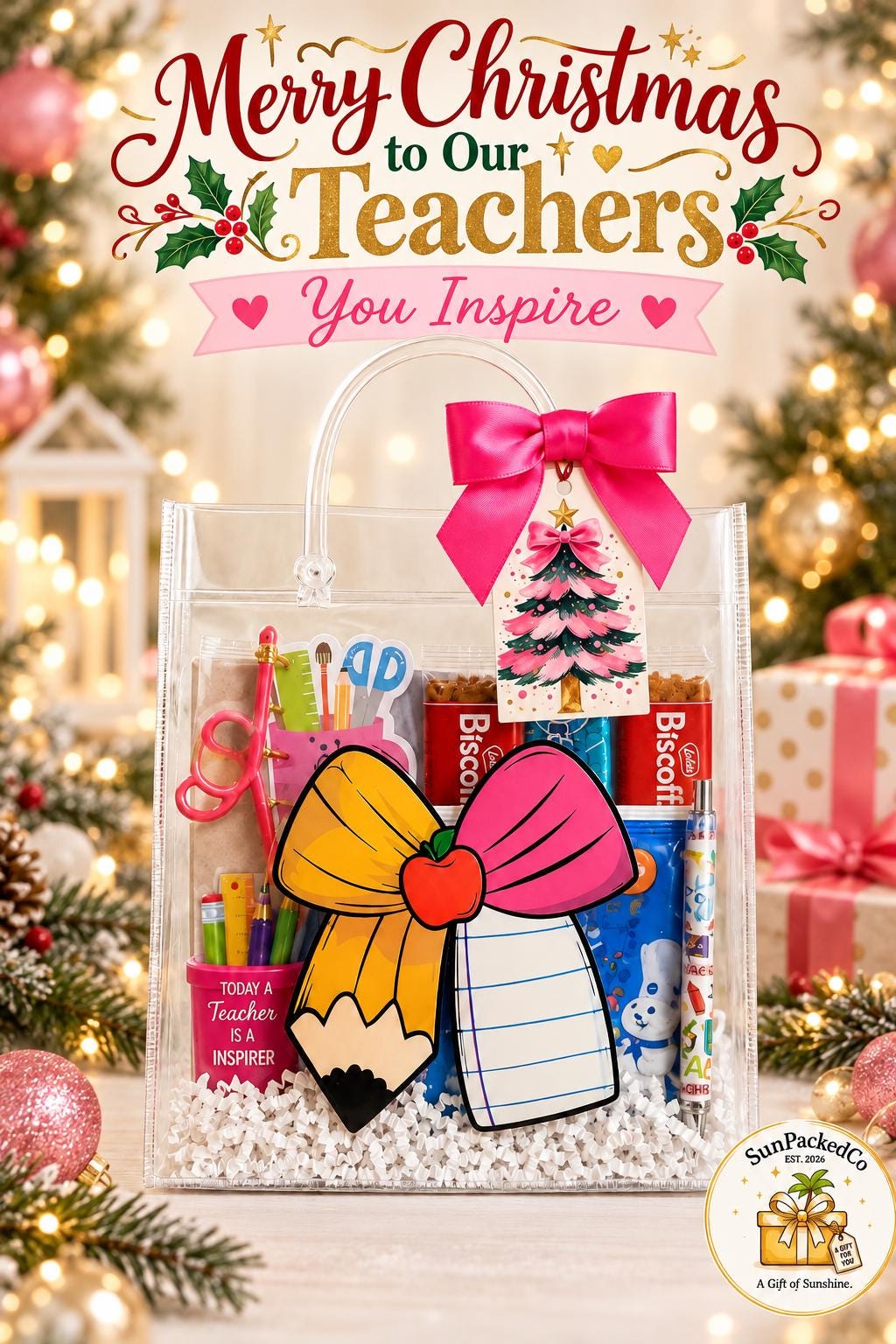 Christmas Schoolhouse Teacher Gift Bag — You Inspire | Teacher Christmas Gift Bags, Holiday School Staff Gifts, Ready to Gift