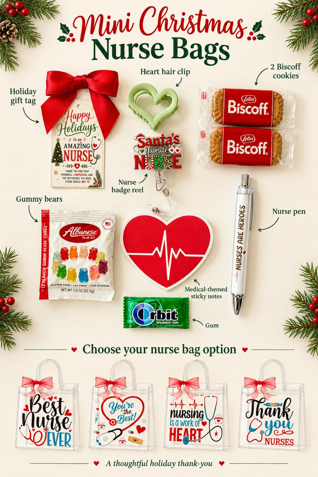 Mini Christmas Nurse Gift Bag | Nurse Appreciation Holiday Gift with Biscoff, Pen and Sticky Notes | Stocking Stuffer for Nurses