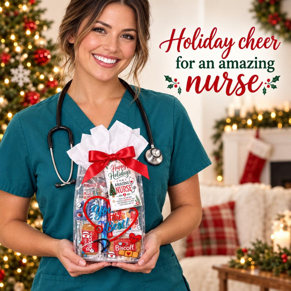 Mini Christmas Nurse Gift Bag | Nurse Appreciation Holiday Gift with Biscoff, Pen and Sticky Notes | Stocking Stuffer for Nurses