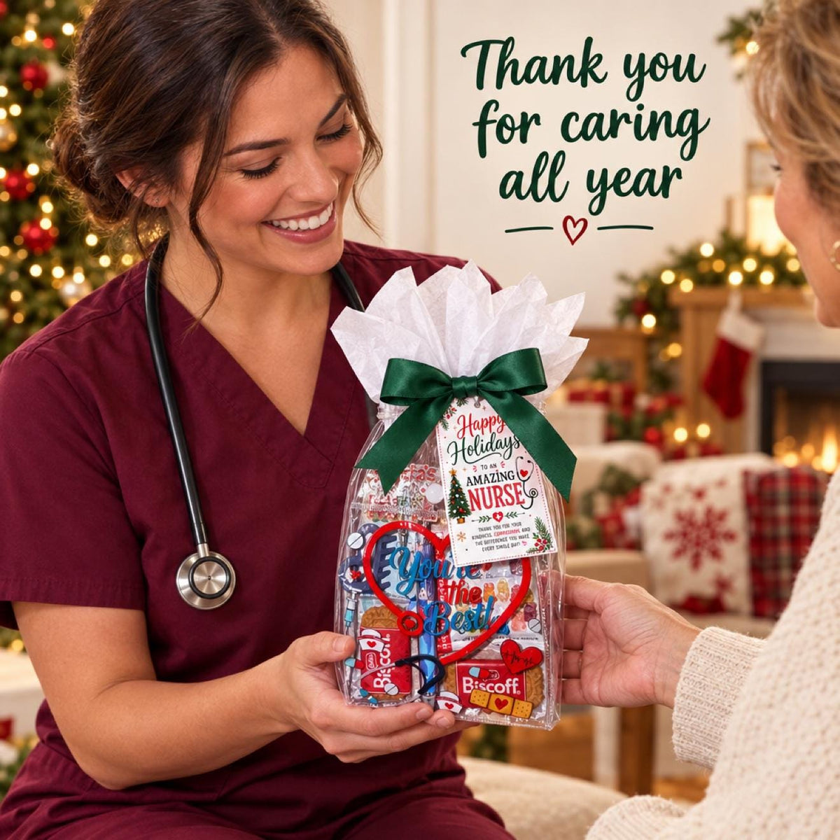 Mini Christmas Nurse Gift Bag | Nurse Appreciation Holiday Gift with Biscoff, Pen and Sticky Notes | Stocking Stuffer for Nurses